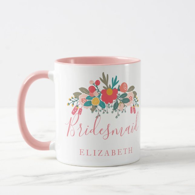 Bridesmaid with Name Pink Floral Bouquet Mug (Left)