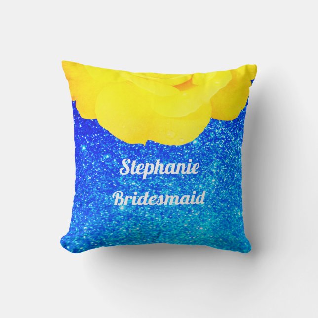 Bridesmaid Yellow Floral Blue Glitter Wedding  Cushion (Front)