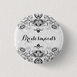 BridesMaids Black Swirls Lace On White Background 3 Cm Round Badge