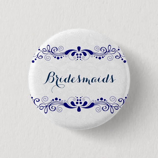 BridesMaids Blue Swirls Lace White Background 3 Cm Round Badge (Front)