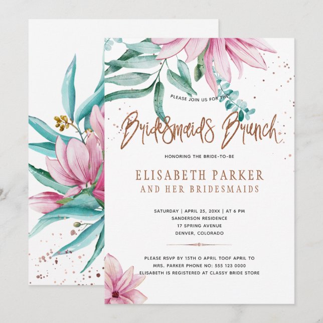 Bridesmaids brunch pink floral glam bridal shower invitation (Front/Back)