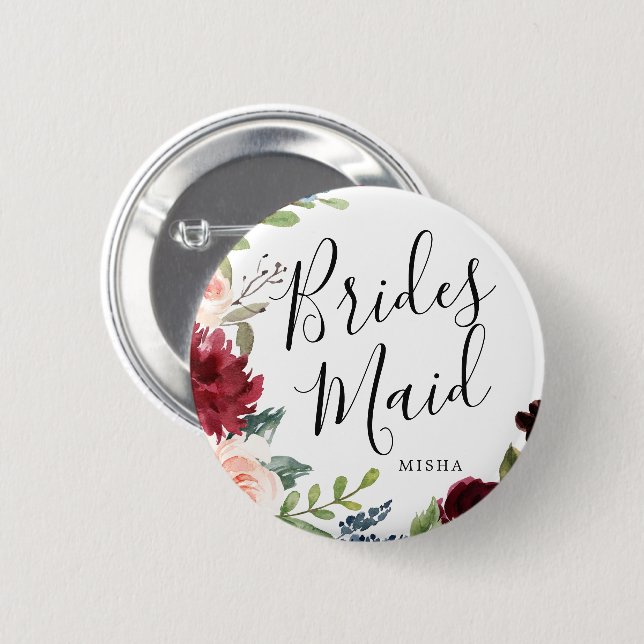 Bridesmaids Burgundy Bouquet Custom Name Wedding 6 Cm Round Badge (Front & Back)