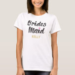 Bridesmaids Elegant Custom T-Shirt<br><div class="desc">A cute t-shirt for your ultra special Bridesmaids. Have them happy to stand by your side throughout the wedding ceremonies with this unique personalised name bridesmaid shirts. It features the words "Bridesmaid" in an elegant script style text. Underneath this is a place for a custom name or initials in gold...</div>