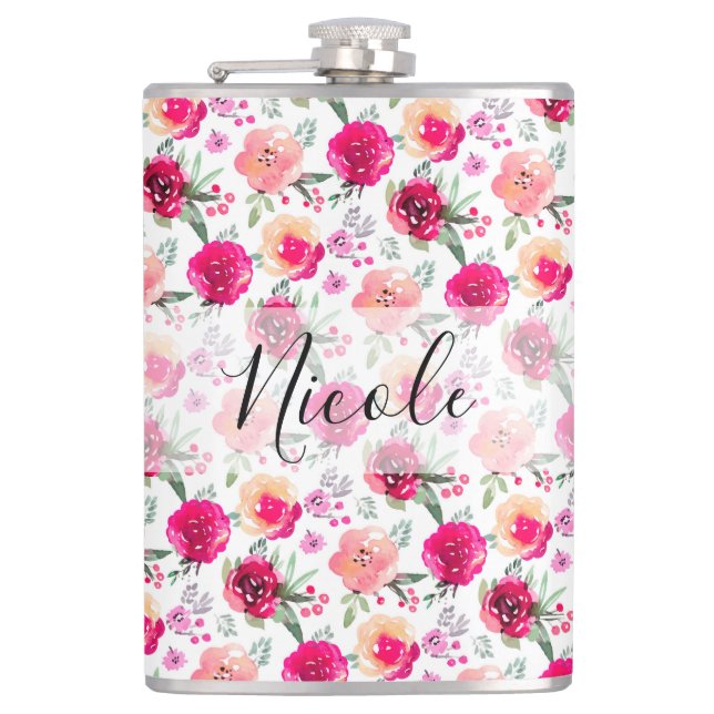 Bridesmaids Gift Watercolor Floral Hip Flask (Front)