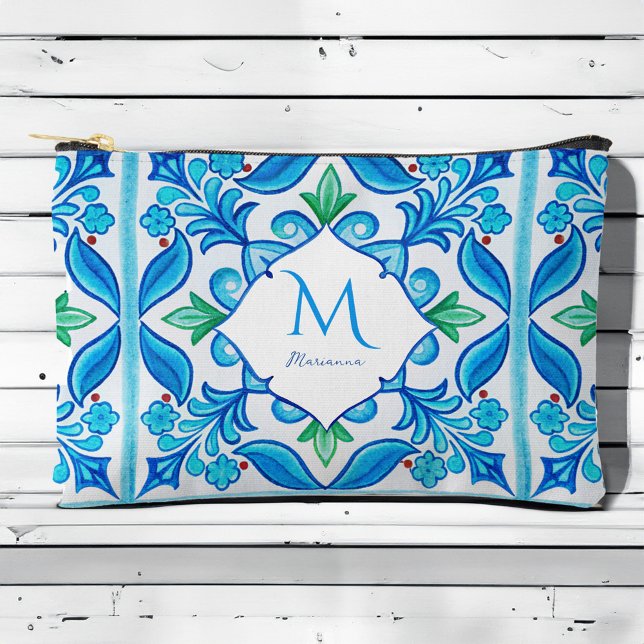 Bridesmaids gifts Aqua Blue Talavera monogrammed Accessory Pouch (Bridesmaids gifts Aqua Blue Talavera customized monogrammed Accessory Pouch personalized name bag)