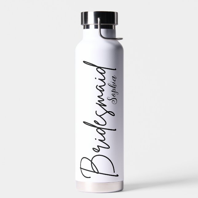 Bridesmaids Gifts | Custom Black Modern Script  Water Bottle (Left)