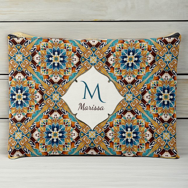 Bridesmaids gifts Teal brown talavera monogrammed Accessory Pouch (Bridesmaids gifts Teal brown talavera monogrammed Accessory Pouch personalized name pouch)
