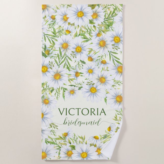 Bridesmaids gifts Wild daisy flowers custom name Beach Towel (Front)