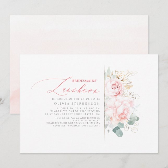Bridesmaids Luncheon Pink Floral Bridal Shower Invitation (Front/Back)