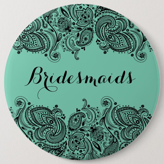 BridesMaids Mint Green & Black Paisley Lace 6 Cm Round Badge (Front)
