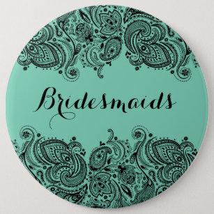 BridesMaids Mint Green & Black Paisley Lace 6 Cm Round Badge