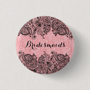 BridesMaids Pink And Black Paisley Lace 3 Cm Round Badge