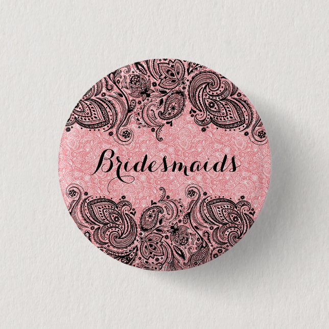 BridesMaids Pink And Black Paisley Lace 3 Cm Round Badge (Front)
