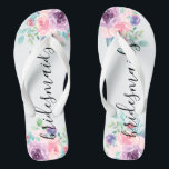 Bridesmaids Typography Colourful Flowers Bouquet Flip Flops<br><div class="desc">Elegant modern bridesmaids typography with colourful watercolors flowers bouquet.</div>