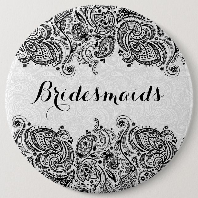 BridesMaids White & Black Paisley Lace 6 Cm Round Badge (Front)