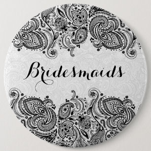 BridesMaids White & Black Paisley Lace 6 Cm Round Badge