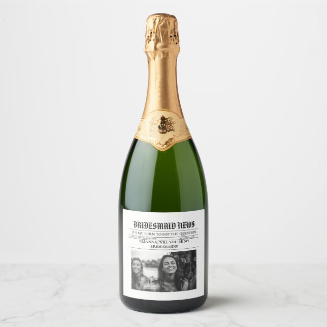 Bridesmais proposal newspaper+Bridesmaid info card Sparkling Wine Label (Front)