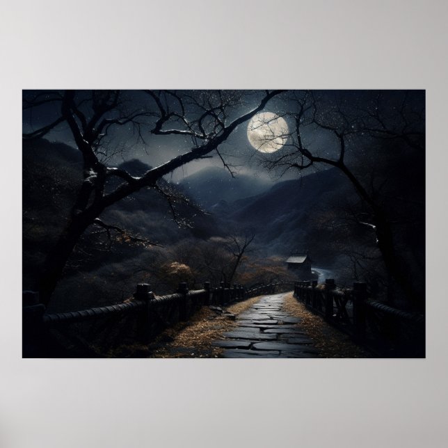 Bridge and winding road countryside moonlight poster (Front)