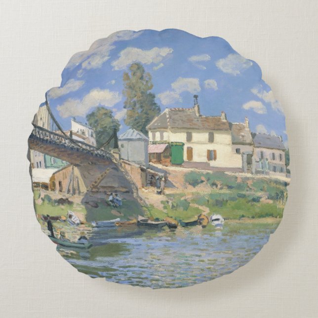 Bridge at Villeneu by Sisley Impressionist Paint Round Cushion (Front)