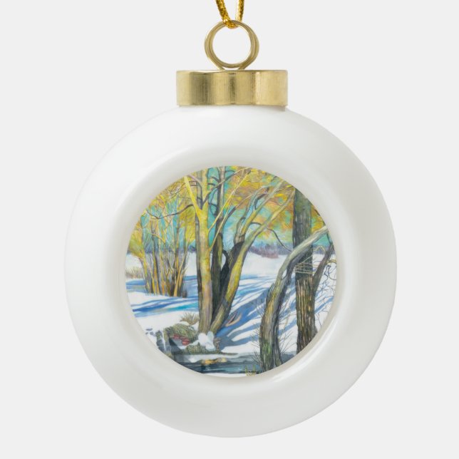 bridge in the winter ceramic ball christmas ornament (Front)