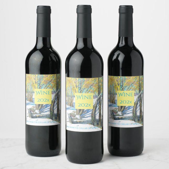 bridge in the winter Watercol painting Wine Label (Bottles)