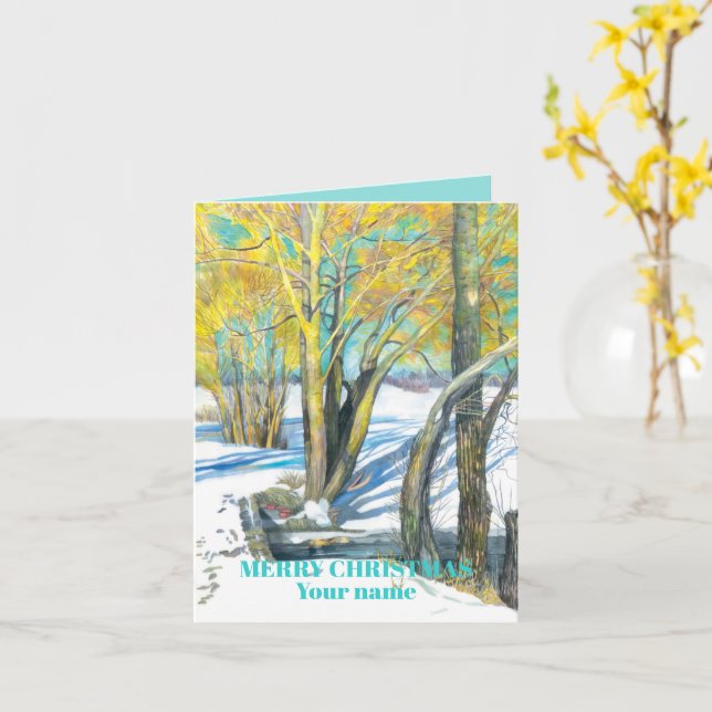 Bridge in the winter Watercolor painting   Card (Yellow Flower)