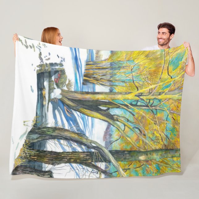 Bridge in the winter Watercolor painting Fleece Blanket (In Situ)