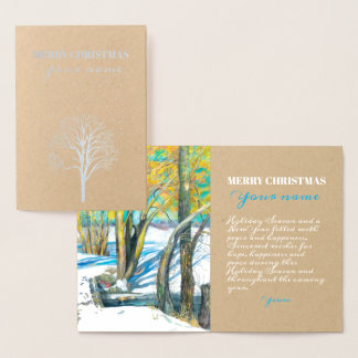 Bridge in the winter  Watercolor painting   Foil Card