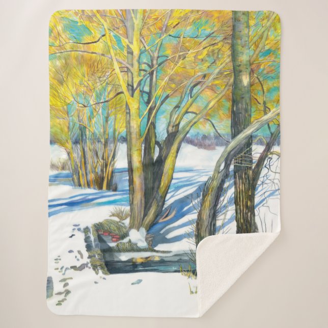 Bridge in the winter Watercolor painting Sherpa Blanket (Front)