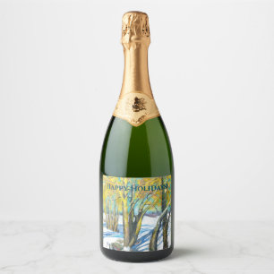Bridge in the winter Watercolor painting Sparkling Wine Label