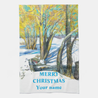 Bridge in the winter Watercolor painting Tea Towel