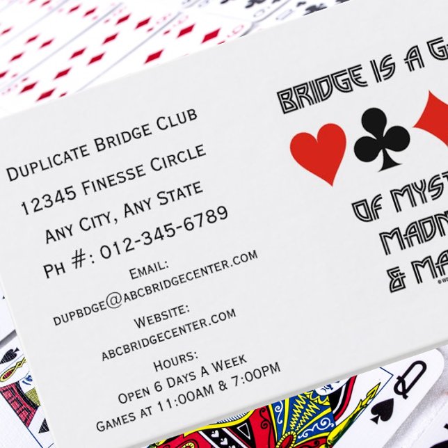 Bridge Is A Game Of Mystery Madness And Mayhem Business Card (Memorable duplicate bridge club business card for any fan of the mysterious and mad game of bridge!)