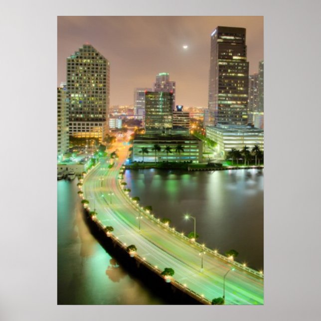 Bridge leads across waterway to downtown Miami Poster (Front)