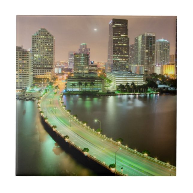 Bridge leads across waterway to downtown Miami Tile (Front)