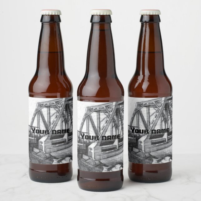 Bridge old pencilart  Monochrome Black & White Beer Bottle Label (Bottles)