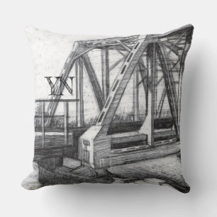 Bridge old pencilart Monochrome Black & White Cushion