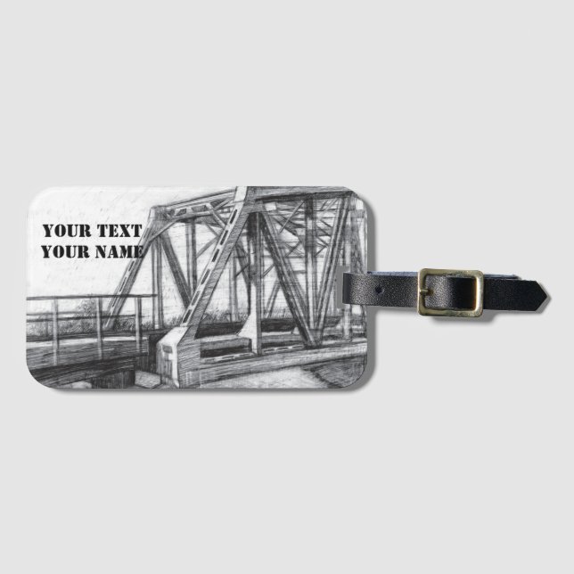 Bridge old pencilart  Monochrome Black & White Luggage Tag (Front Horizontal)