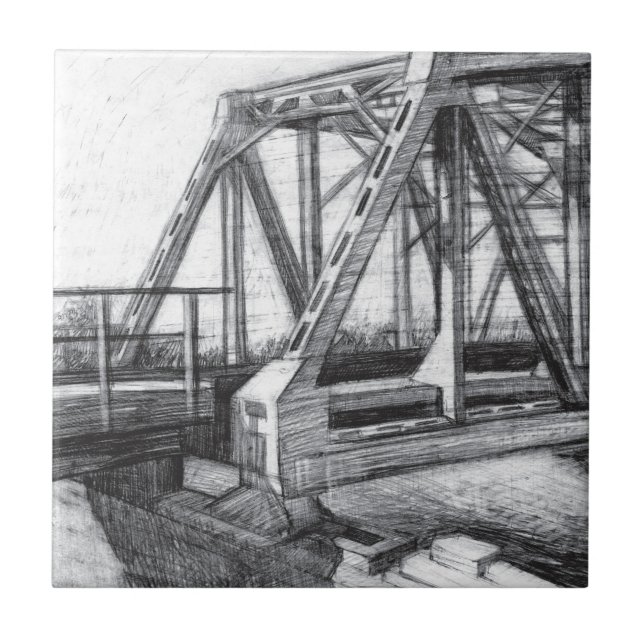 Bridge old pencilart  Monochrome Black & White Tile (Front)