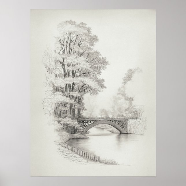 Bridge over River Sketch with big trees, vintage  Poster (Front)