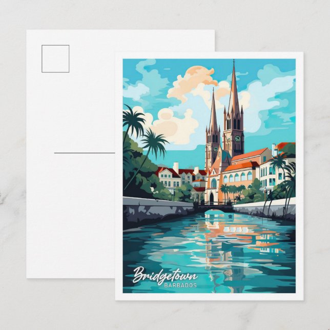 Bridgetown Barbados Vintage Travel Illustration Postcard (Front/Back)