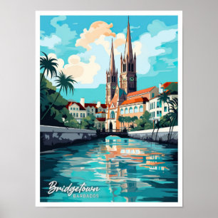 Bridgetown Barbados Vintage Travel Illustration Poster