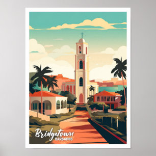 Bridgetown Church Barbados Art Vintage Travel Poster