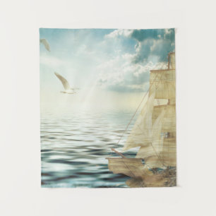 Brigantine Sailboat & Seagulls Tapestry