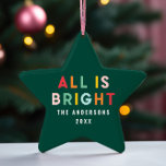 Bright 1 photo green fun modern Christmas family  Ceramic Tree Decoration<br><div class="desc">Bright colourful green fun modern 1 photo Christmas family all is bright ornament</div>