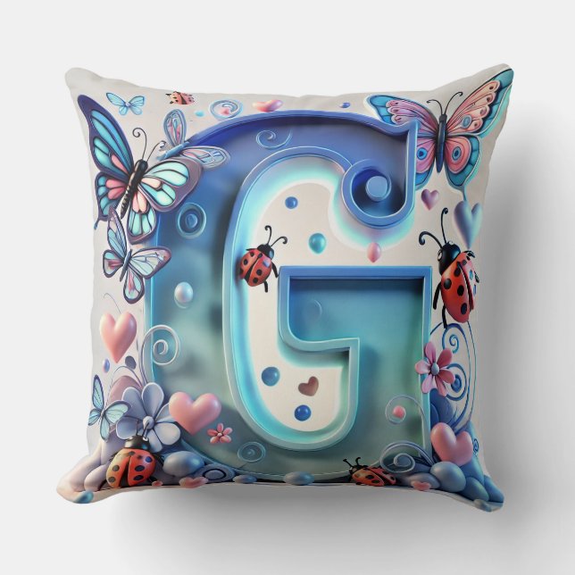 Bright 3D Letter G With Butterflies, Ladybugs Cushion (Front)