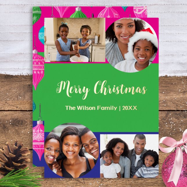 Bright 4 Photos Collage Merry Christmas Custom Foil Holiday Card (A bright and festive Christmas card, to personalize with family photos and name(s))