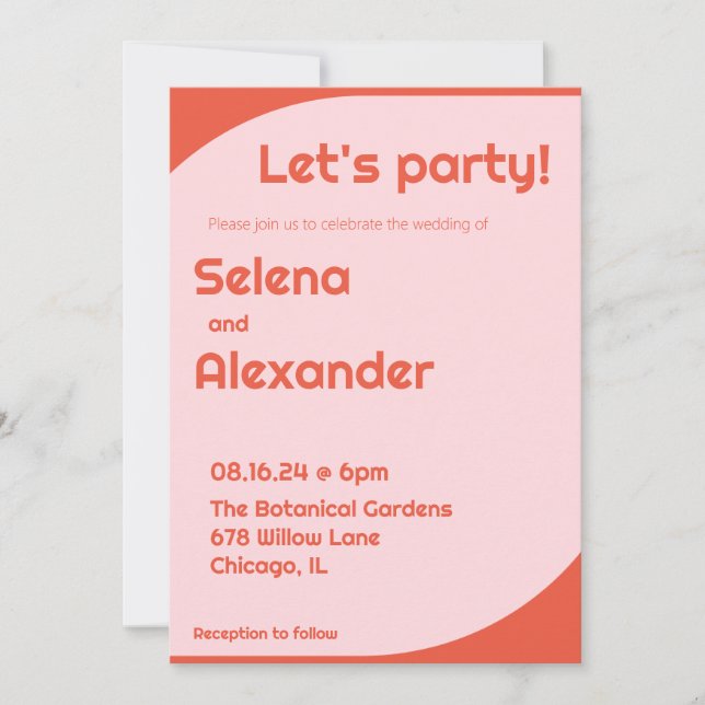 Bright 70s Style Retro Pink & Orange Bold Wedding Invitation (Front)
