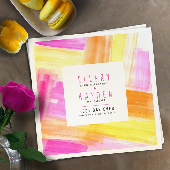 Bright abstract art pink yellow peach wedding napkin (Creator Uploaded)