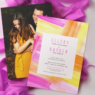 Bright abstract art pink yellow photo wedding invitation