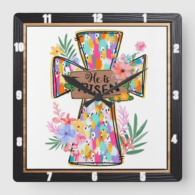 Bright Abstract Floral He Is Risen Cross Square Wall Clock (Front)